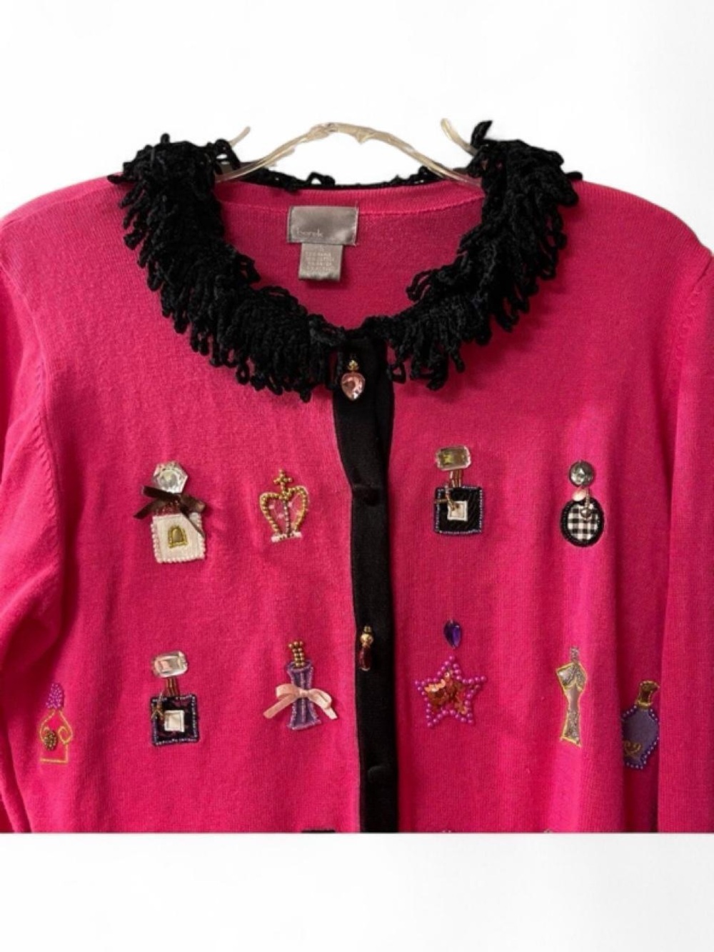 Vintage Women’s Pink Embellished Cardigan with Black Fringe Trim